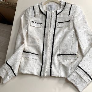 Stevie Mac 🖤🤍NYC Hand Made Couture Like White Sequin Blazer Black Fringe Trim